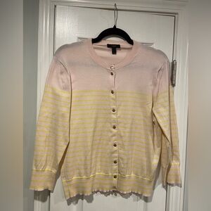J. Crew Size L Pink Yellow Stripe Crew Neck Nautical Button  Light Cardigan